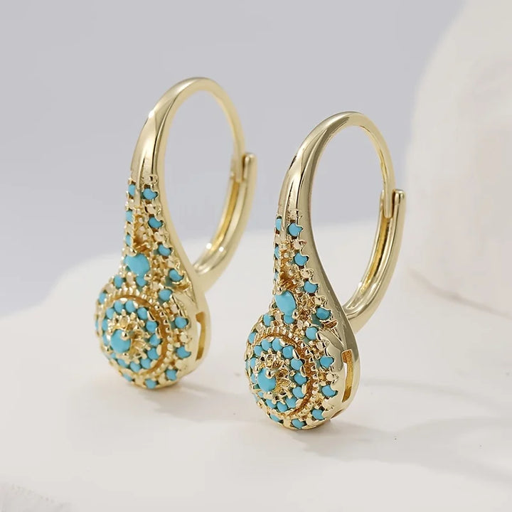 Χρυσά Σκουλαρίκια με Τυρκουάζ Μωσαϊκό σε Σχήμα Πύργου