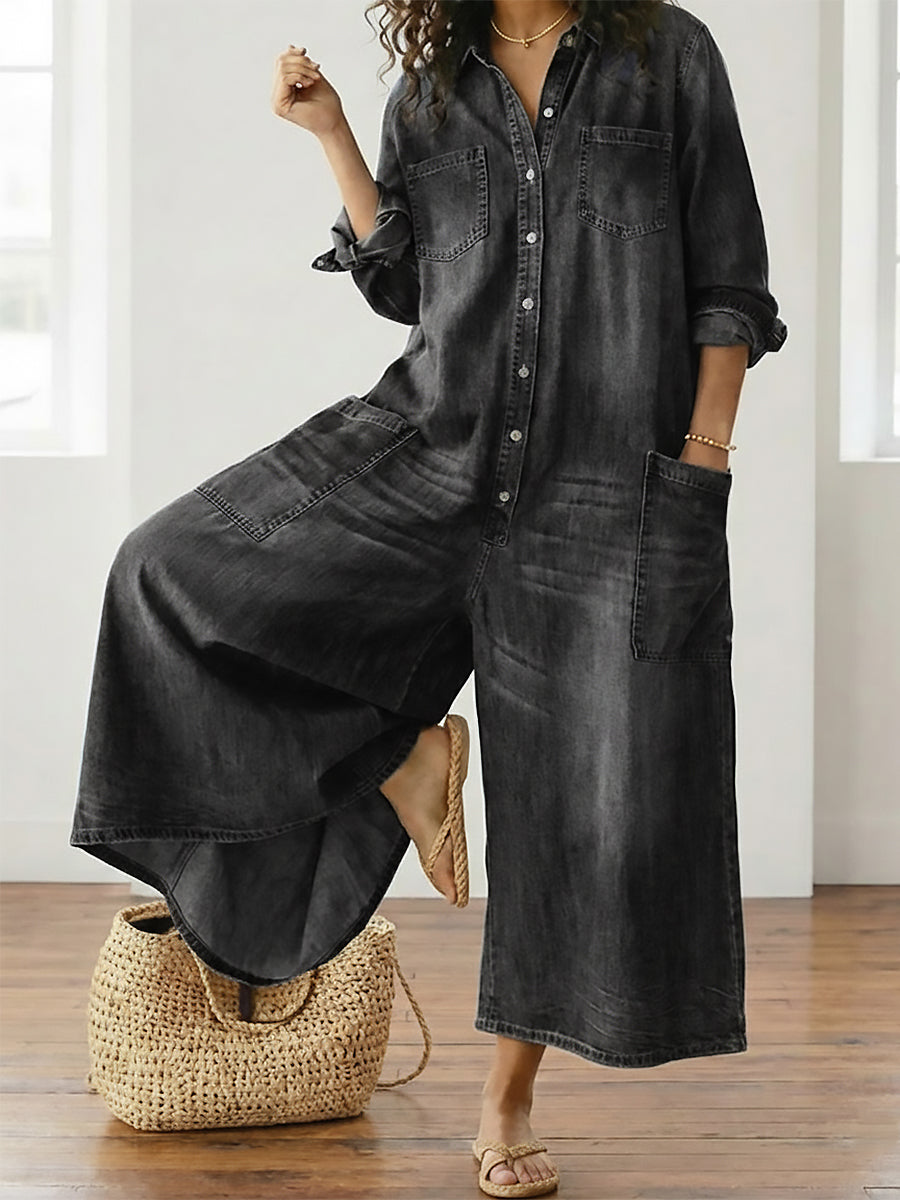 Diana™ | Vintage denim ολόσωμη φόρμα με κουμπιά