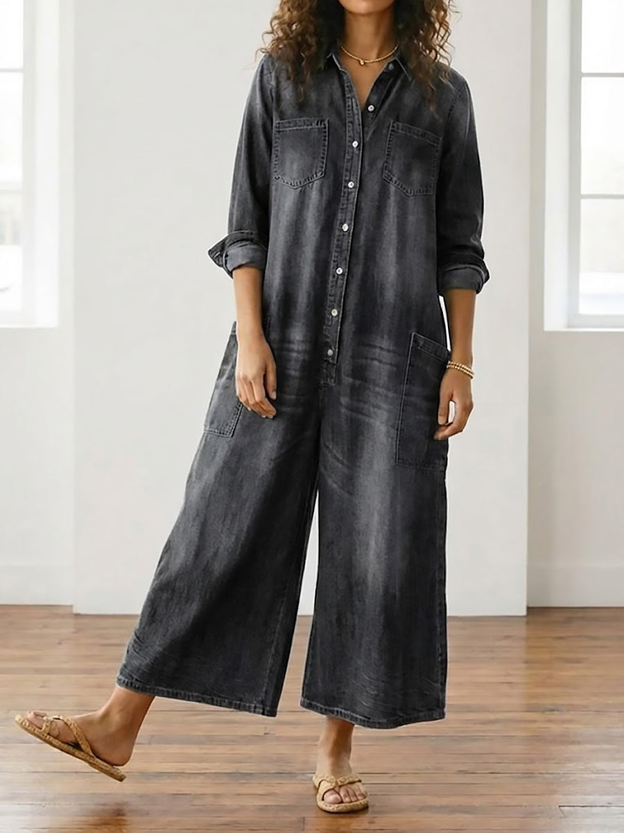 Diana™ | Vintage denim ολόσωμη φόρμα με κουμπιά